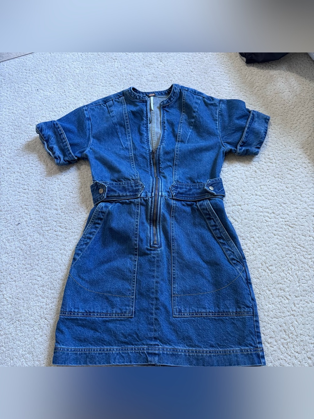 Free People Dream On Mini Denim Jean Dress Zip Front Short Sleeve XS